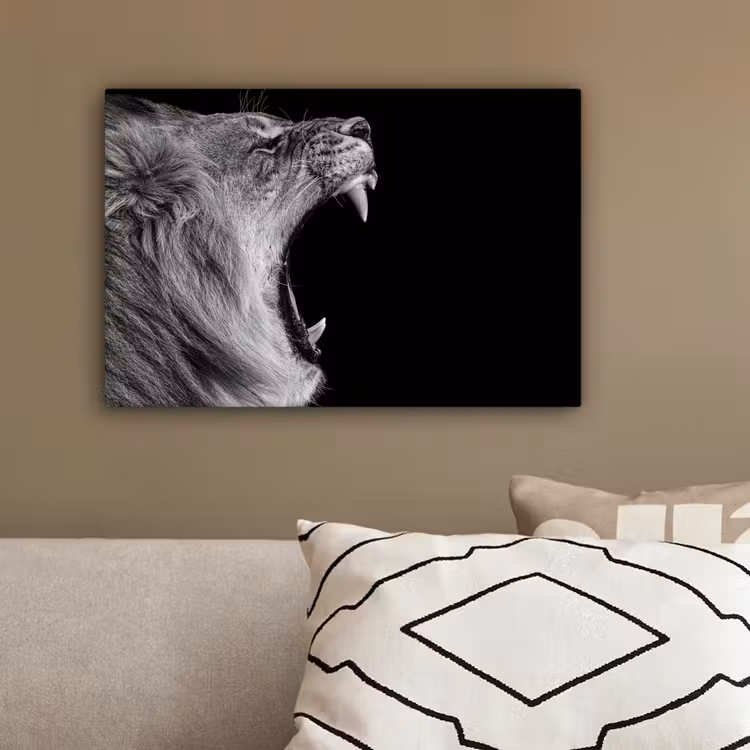 Dieren - Leeuw - Zwart - Wit - Portret canvas 2cm klein -sfeer3