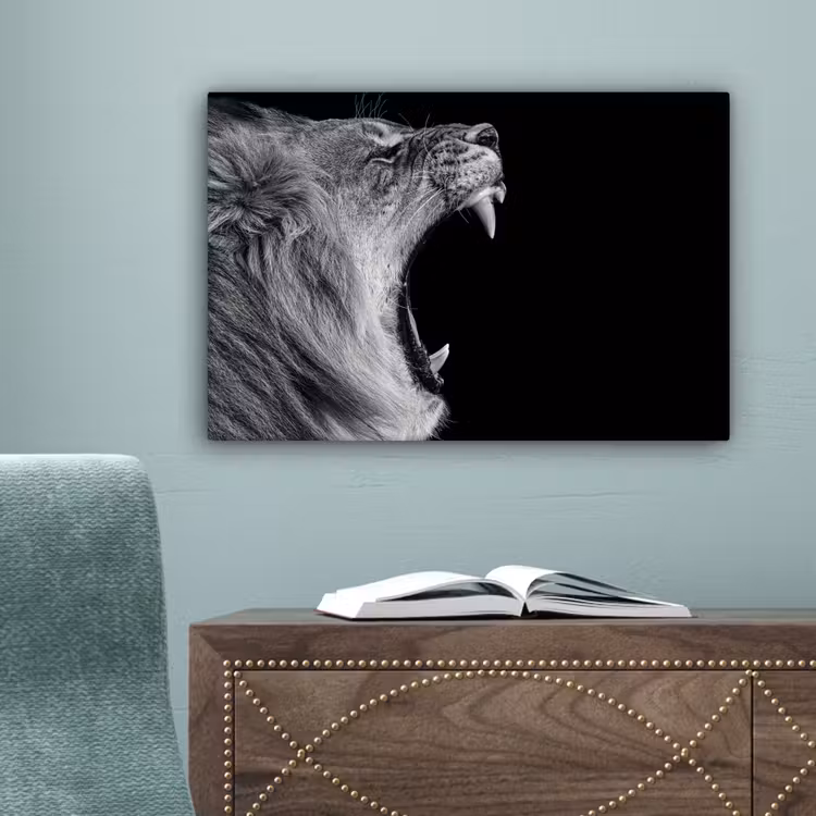 Dieren - Leeuw - Zwart - Wit - Portret canvas 2cm klein -sfeer4