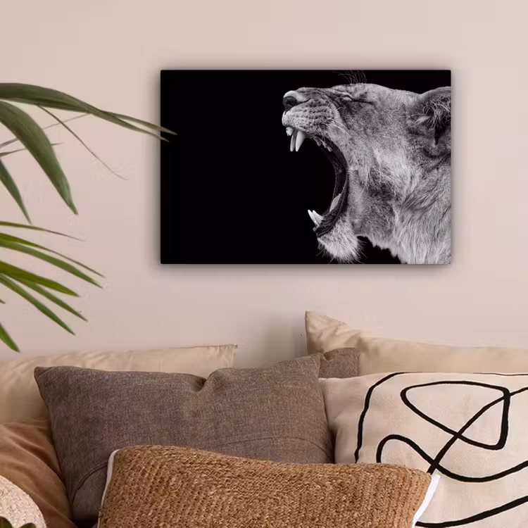 Dieren - Leeuw - Zwart - Wit - Portret canvas 2cm klein -sfeer1