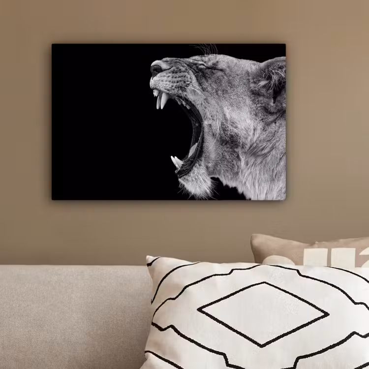 Dieren - Leeuw - Zwart - Wit - Portret canvas 2cm klein -sfeer3