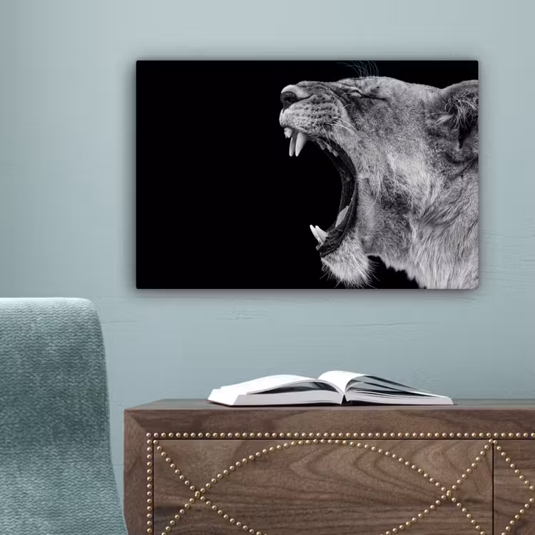 Dieren - Leeuw - Zwart - Wit - Portret canvas 2cm klein -sfeer4