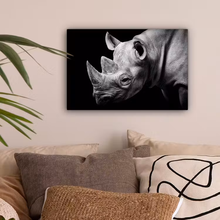 Dieren - Neushoorn - Zwart - Wit - Portret canvas 2cm klein -sfeer1