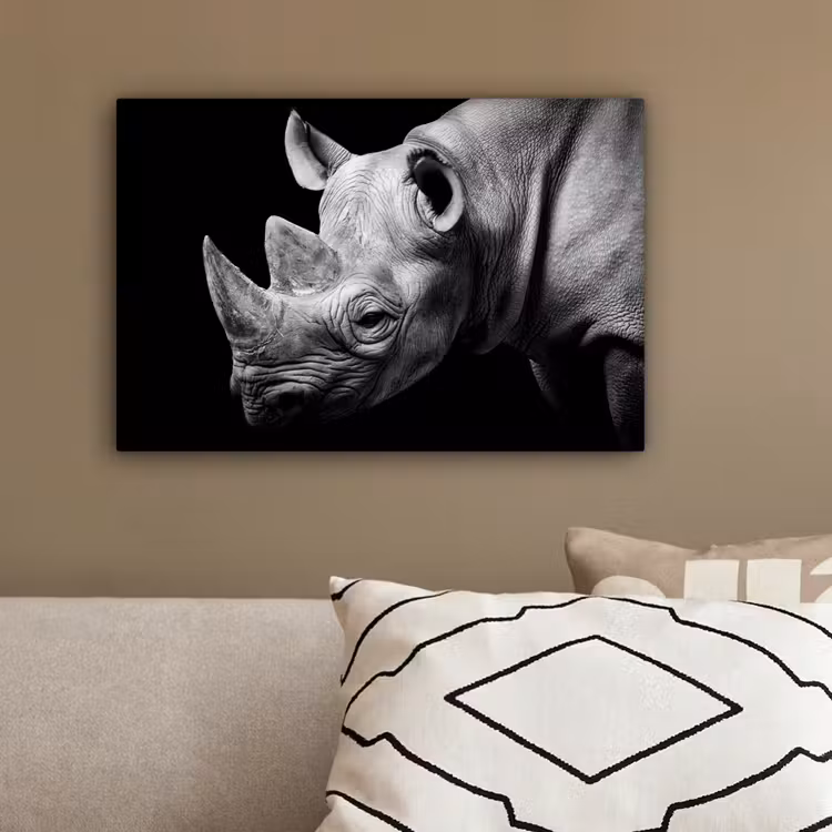 Dieren - Neushoorn - Zwart - Wit - Portret canvas 2cm klein -sfeer3