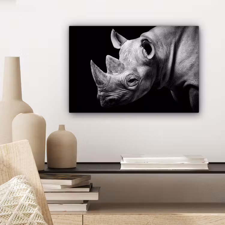Dieren - Neushoorn - Zwart - Wit - Portret canvas 2cm klein -sfeer6
