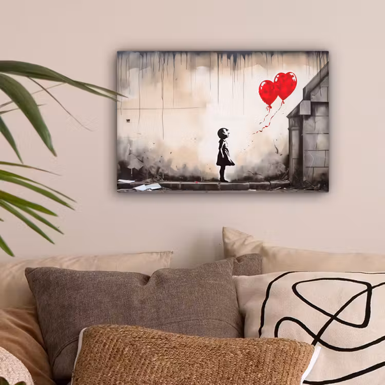 Kunst - Meisje - Ballonnen - Hart - Grijs canvas 2cm klein -sfeer1