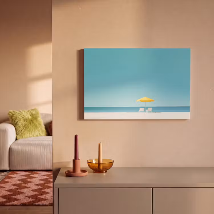 Strand - Blauwe lucht - Geel - Parasol canvas 2cm klein -sfeer1