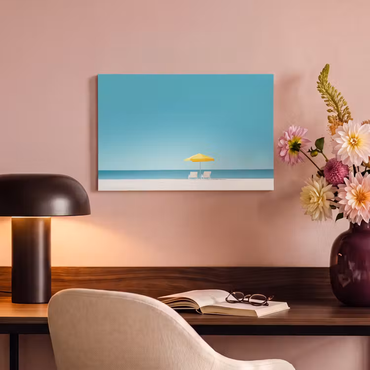 Strand - Blauwe lucht - Geel - Parasol canvas 2cm klein -sfeer4