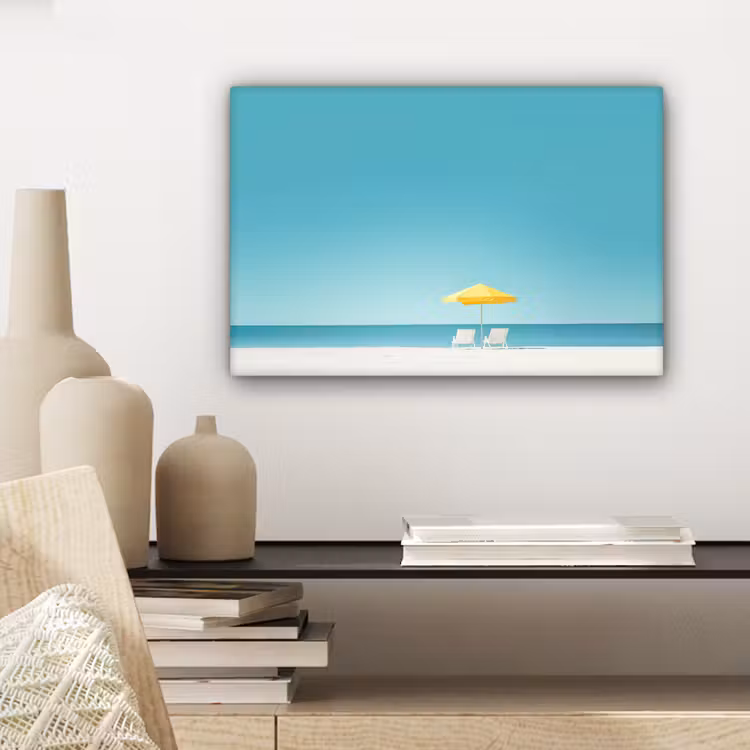 Strand - Blauwe lucht - Geel - Parasol canvas 2cm klein -sfeer6