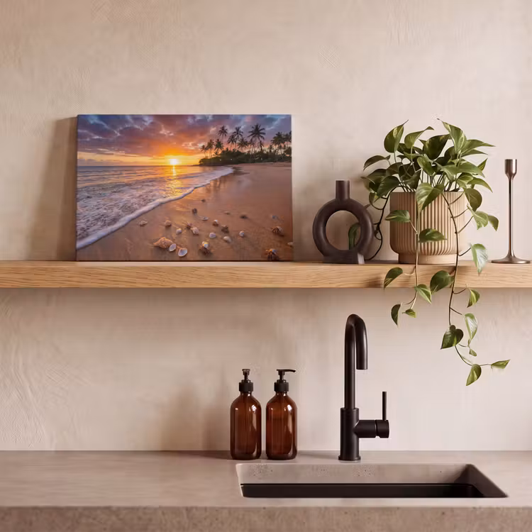 Strand - Zonsondergang - Palmbomen - Natuur - Oranje canvas 2cm klein -sfeer3