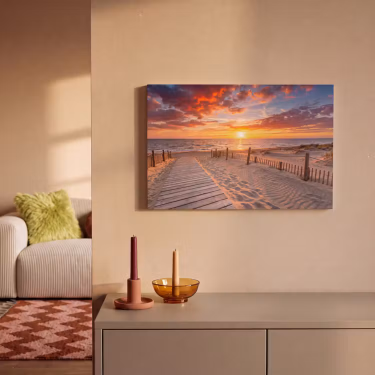 Strand - Zonsondergang - Zee - Natuur - Oranje canvas 2cm klein -sfeer1