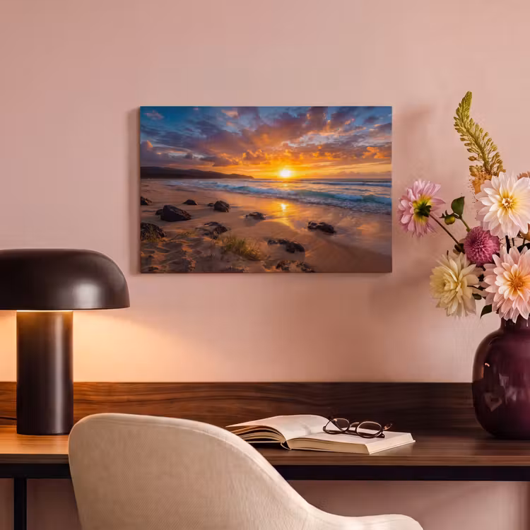 Strand - Zonsondergang - Golven - Natuur - Oranje canvas 2cm klein -sfeer4