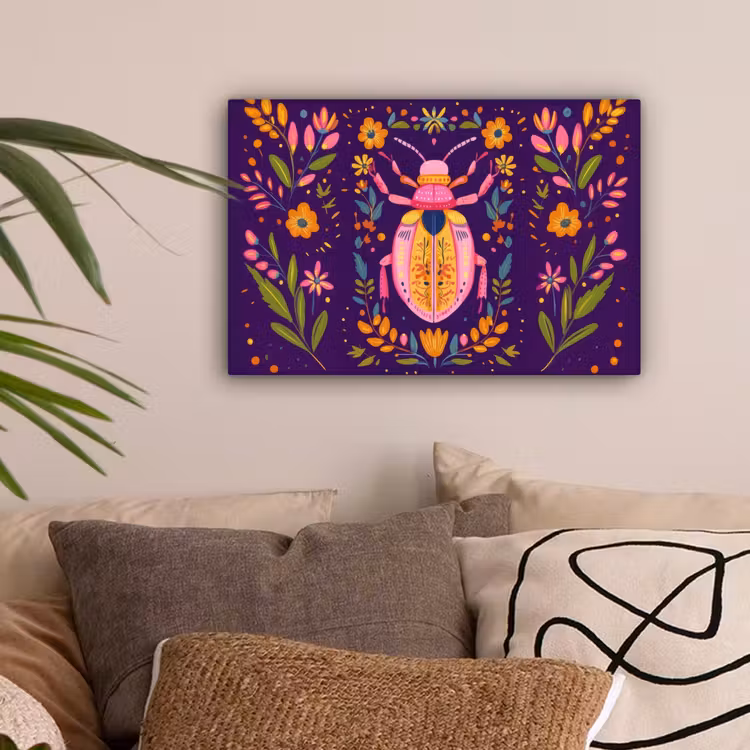 Kever - Felgekleurd - Bloemen - Bladeren canvas 2cm klein -sfeer1