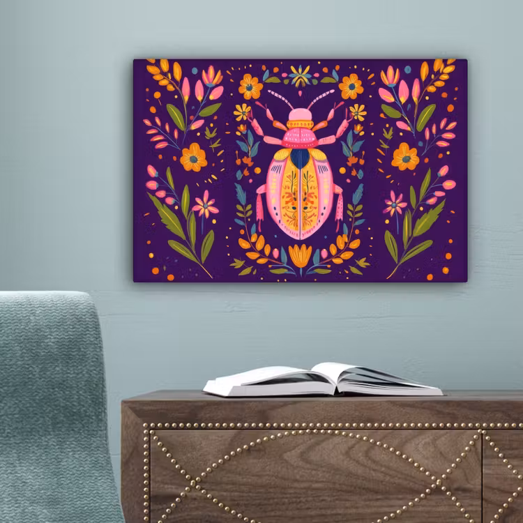 Kever - Felgekleurd - Bloemen - Bladeren canvas 2cm klein -sfeer4