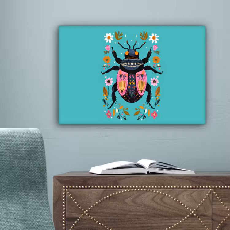 Kever - Bloemmotieven - Turquoise - Bladeren canvas 2cm klein -sfeer4