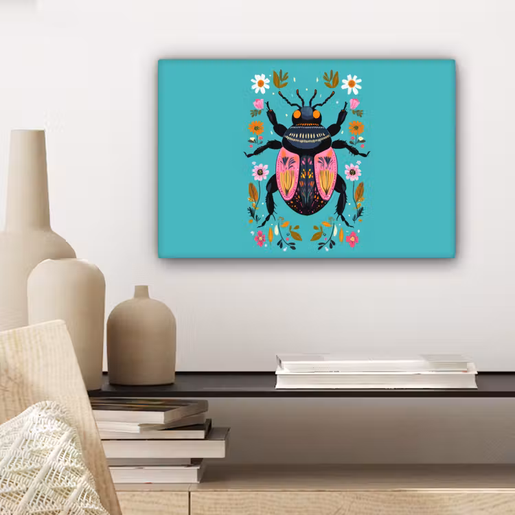 Kever - Bloemmotieven - Turquoise - Bladeren canvas 2cm klein -sfeer6