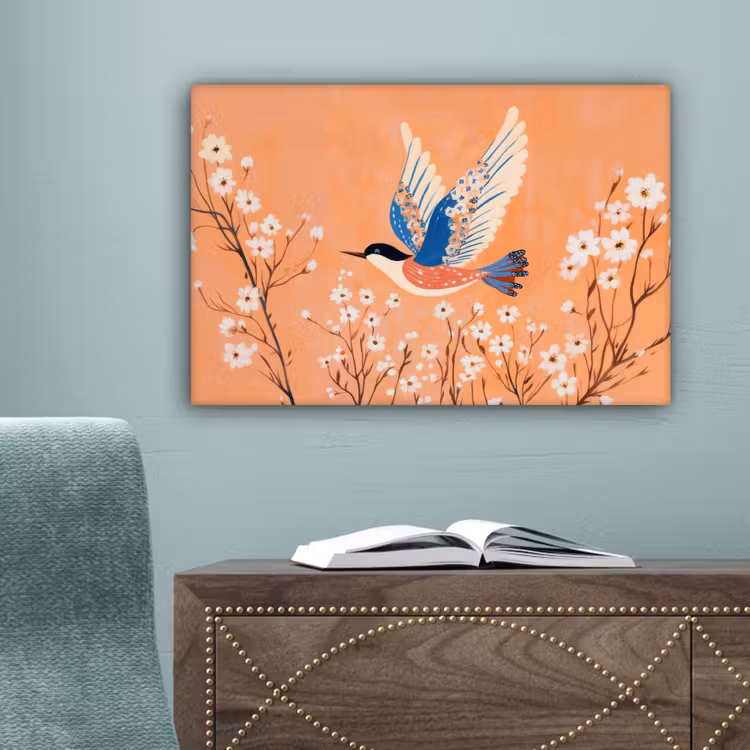 Vogel - Bloesemtakken - Warm - Kleurrijk canvas 2cm klein -sfeer4