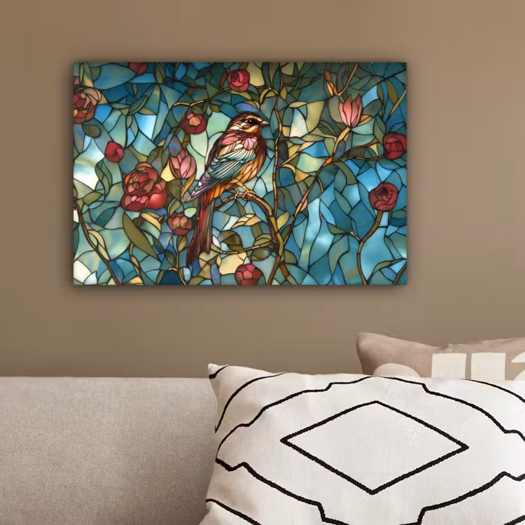 Vogel - Tak - Rozen - Mozaïek canvas 2cm klein -sfeer3