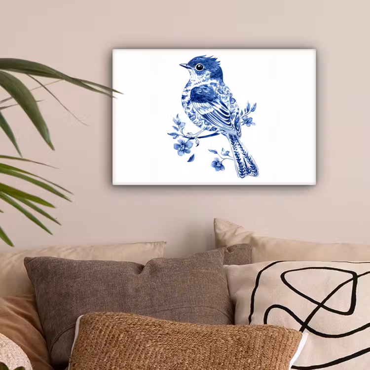 Vogel - Delfts blauw - Illustratie - Bloemen canvas 2cm klein -sfeer1