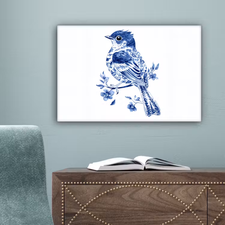 Vogel - Delfts blauw - Illustratie - Bloemen canvas 2cm klein -sfeer4