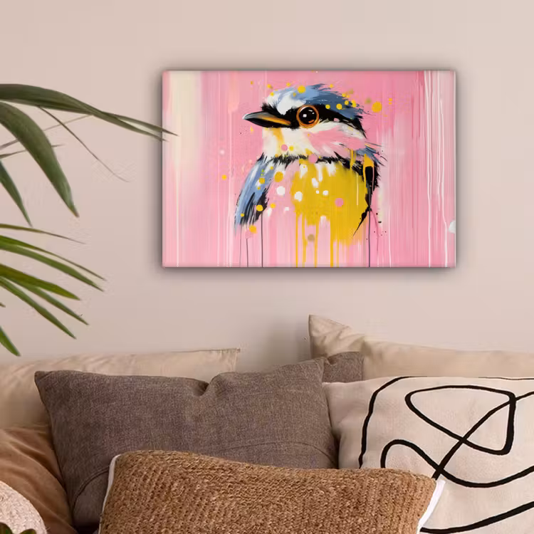 Vogel - Roze - Geel - Blauw canvas 2cm klein -sfeer1