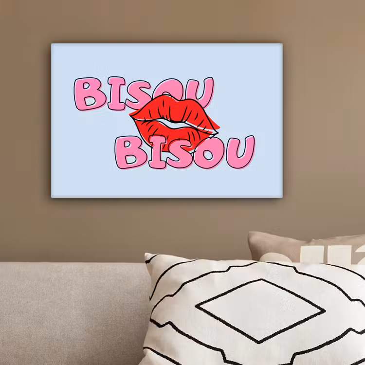Bisou - Blauw - Roze - Lippen canvas 2cm klein -sfeer3
