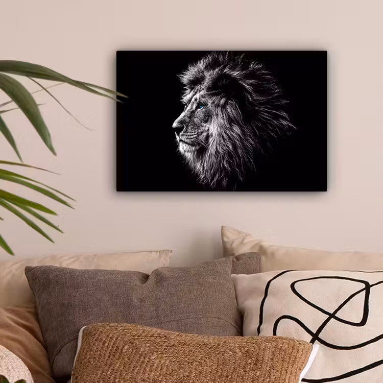 Zwart Wit - Leeuw - Kop - Dieren canvas 2cm klein -sfeer1