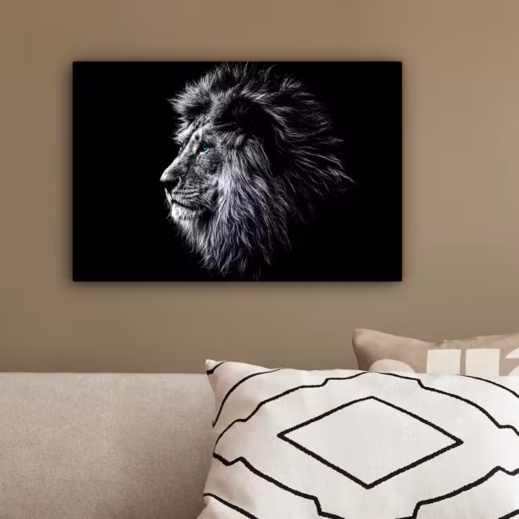 Zwart Wit - Leeuw - Kop - Dieren canvas 2cm klein -sfeer3