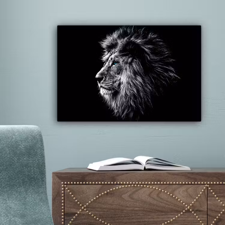 Zwart Wit - Leeuw - Kop - Dieren canvas 2cm klein -sfeer4
