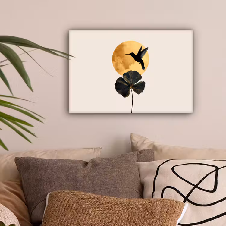 Zwarte kolibrie - Bloem - Gouden cirkel canvas 2cm klein -sfeer1