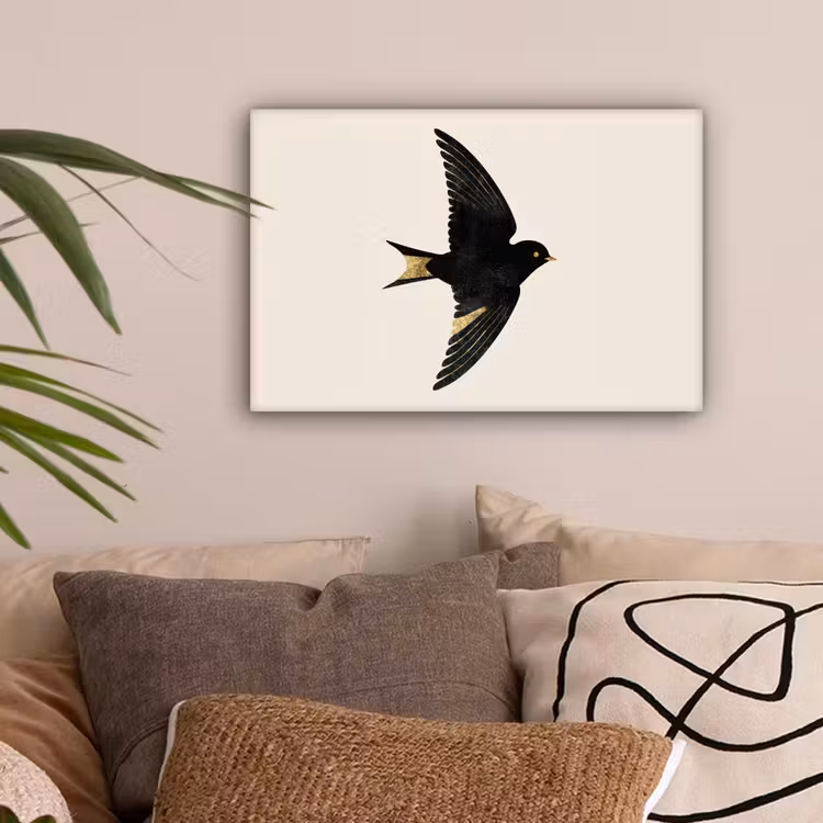 Zwarte zwaluw - Gouden accenten - Lichte achtergrond canvas 2cm klein -sfeer1