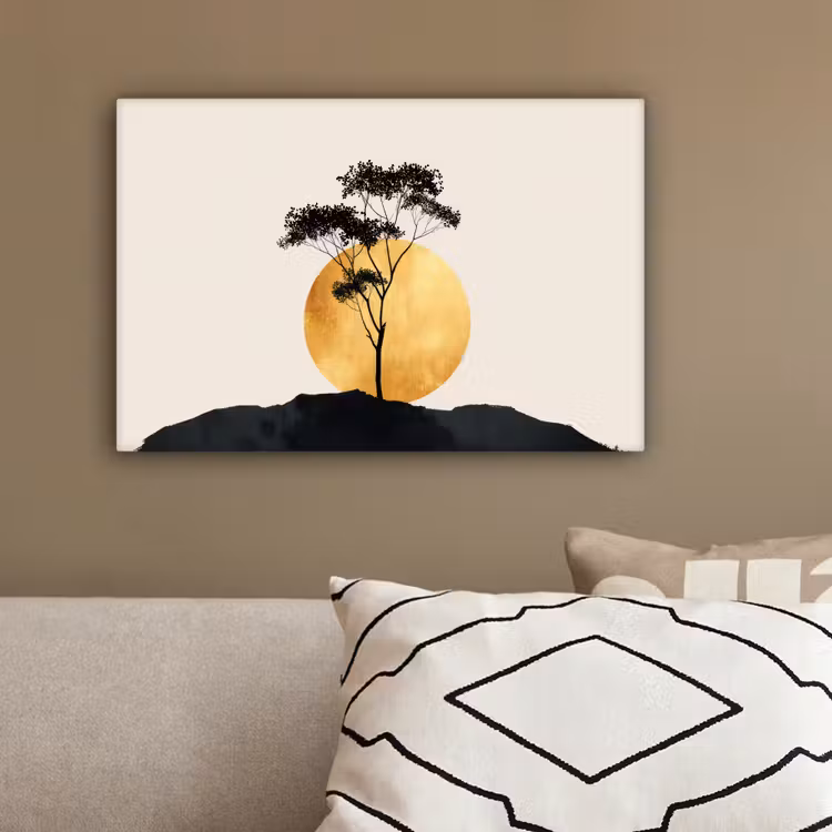 Zwarte boom - Gouden cirkel - Heuvel canvas 2cm klein -sfeer3