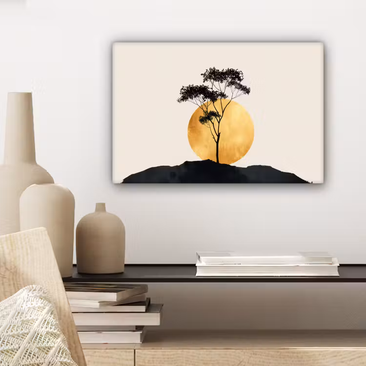 Zwarte boom - Gouden cirkel - Heuvel canvas 2cm klein -sfeer6