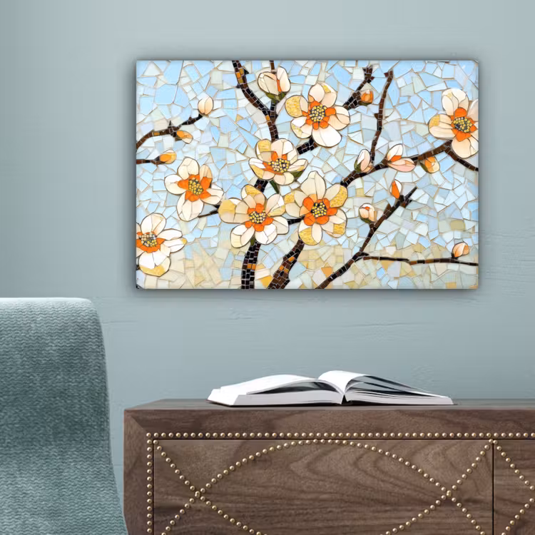 Bloesems - Wit - Mozaïek - Tak canvas 2cm klein -sfeer4