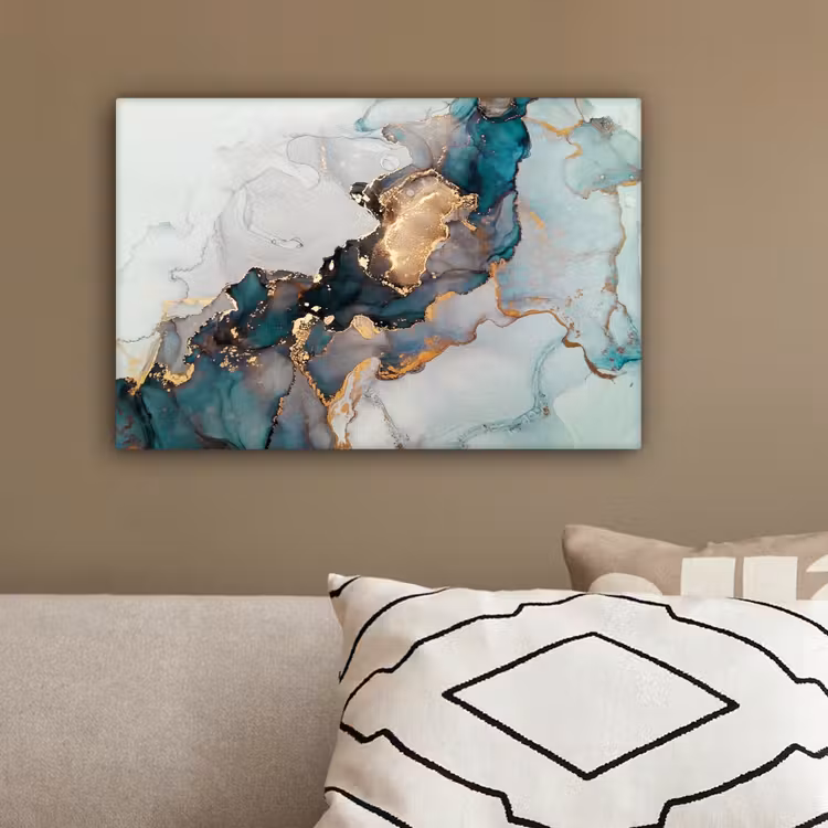 Marmer print - Goud - Blauw canvas 2cm klein -sfeer3