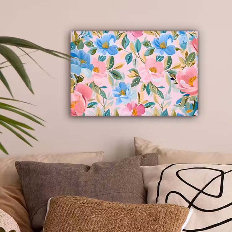 Blauw - Roze - Bloemen canvas 2cm klein -sfeer1