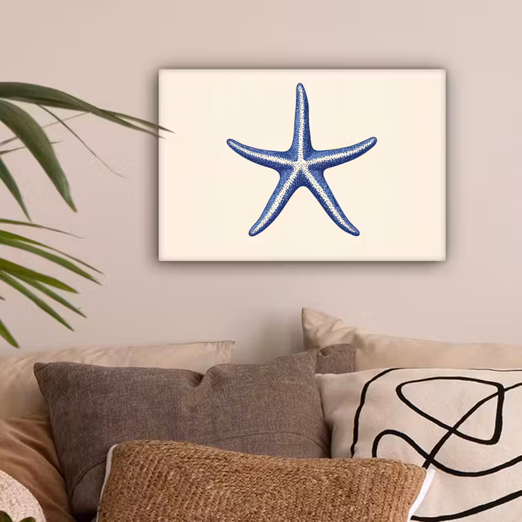 Blauwe zeester - Minimalistisch - Beige canvas 2cm klein -sfeer1
