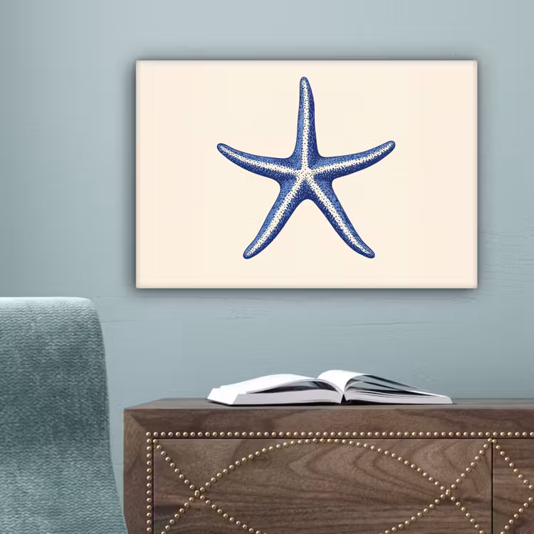 Blauwe zeester - Minimalistisch - Beige canvas 2cm klein -sfeer4