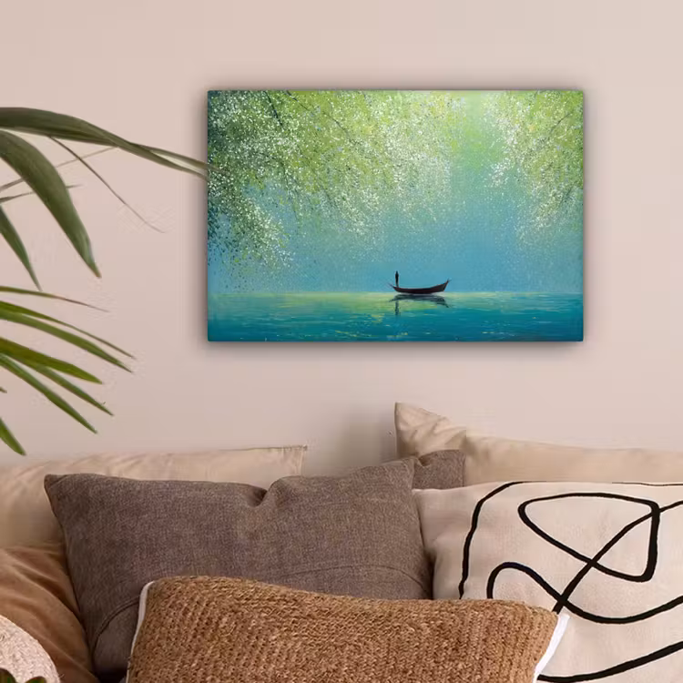 Bootje - Water - Bladeren - Bloesems canvas 2cm klein -sfeer1
