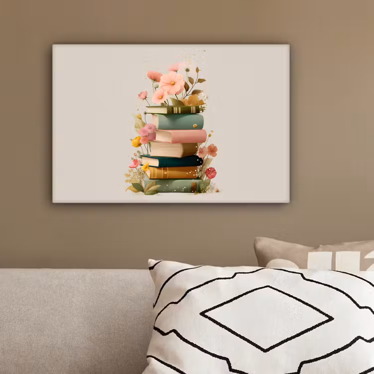 Boeken - Stapel - Bloemen - Kleurrijk canvas 2cm klein -sfeer3
