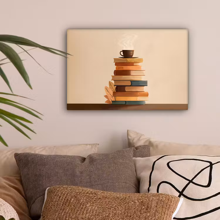 Boeken - Toren - Koffie - Beige canvas 2cm klein -sfeer1