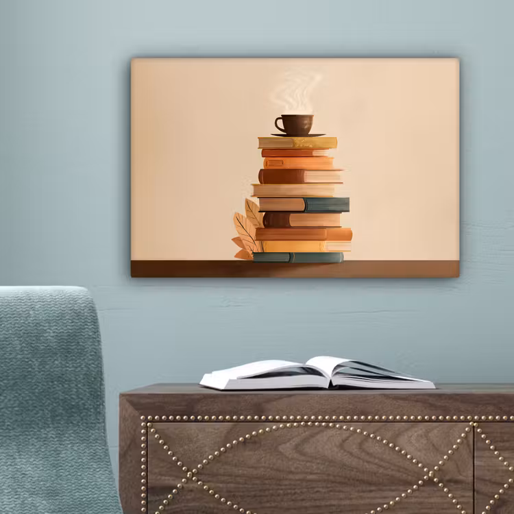 Boeken - Toren - Koffie - Beige canvas 2cm klein -sfeer4