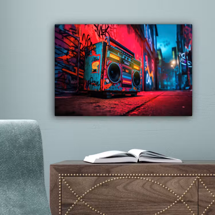 Boombox - Rood - Graffiti - Neon canvas 2cm klein -sfeer4