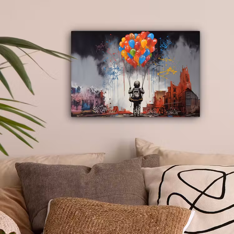 Jongen - Ballonnen - Gebouwen - Kunst canvas 2cm klein -sfeer1