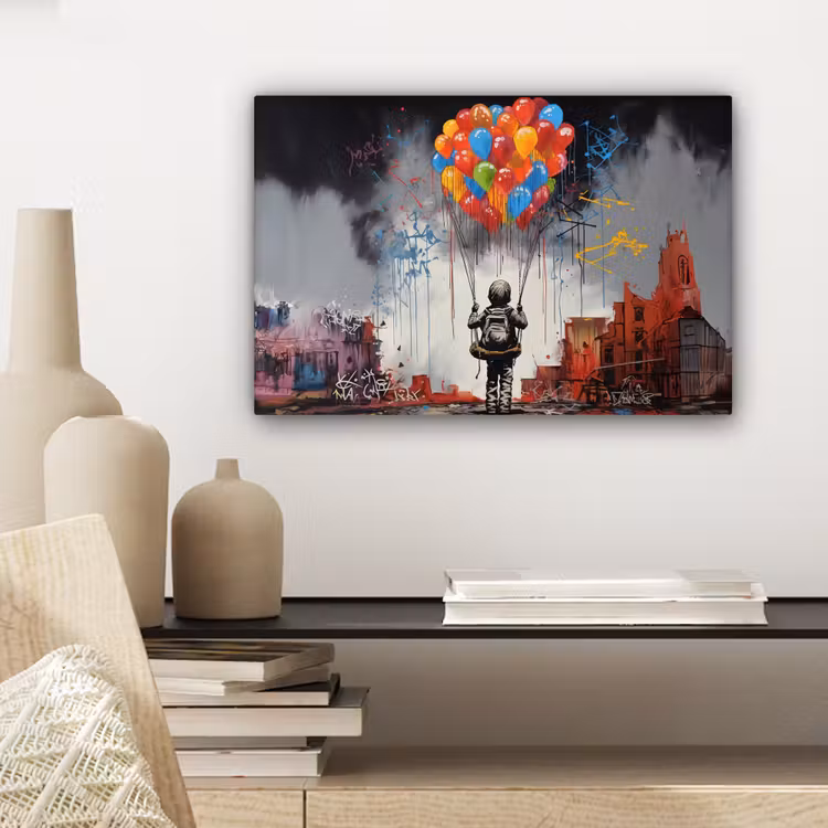 Jongen - Ballonnen - Gebouwen - Kunst canvas 2cm klein -sfeer6