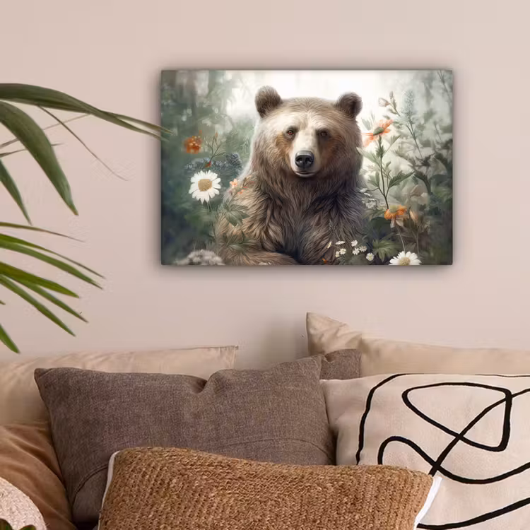 Bruine beer - Wilde dieren - Bloemen - Planten canvas 2cm klein -sfeer1