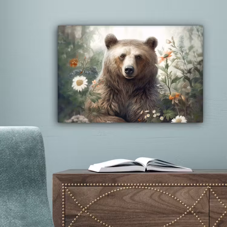 Bruine beer - Wilde dieren - Bloemen - Planten canvas 2cm klein -sfeer4