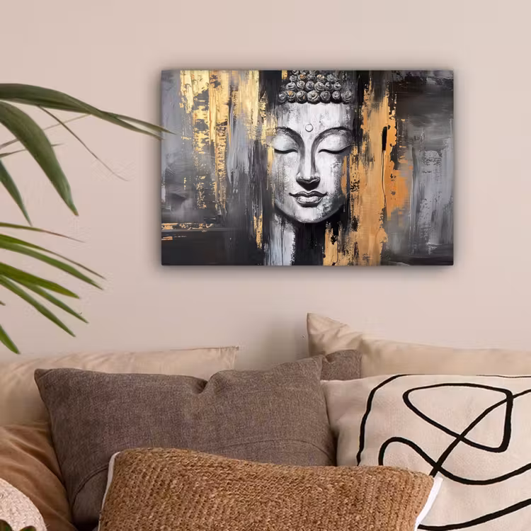 Boedhha - Penseelstreken - Goud - Abstract canvas 2cm klein -sfeer1