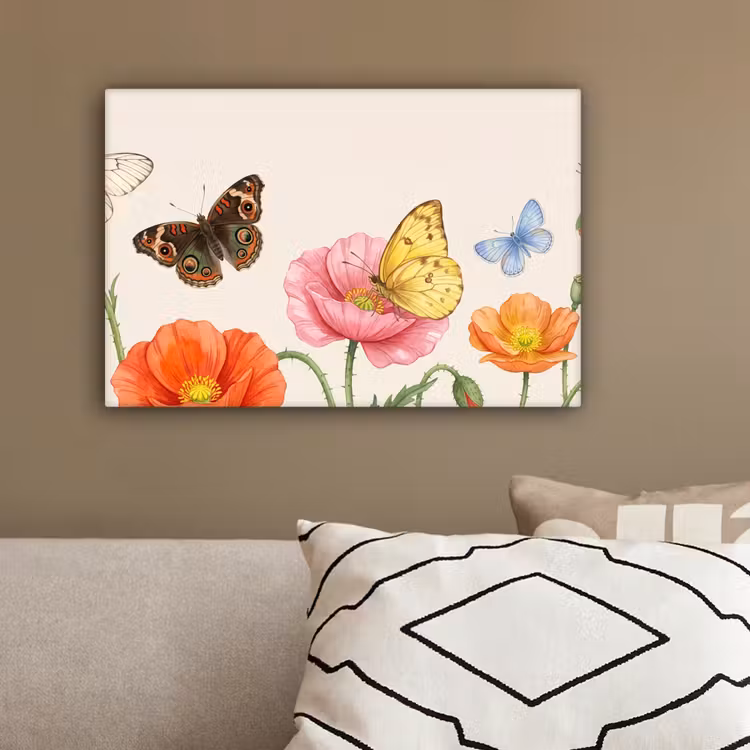 Vlinders - Klaprozen - Illustratie - Kleurrijk canvas 2cm klein -sfeer3