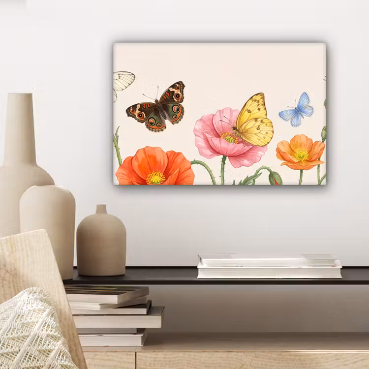 Vlinders - Klaprozen - Illustratie - Kleurrijk canvas 2cm klein -sfeer6