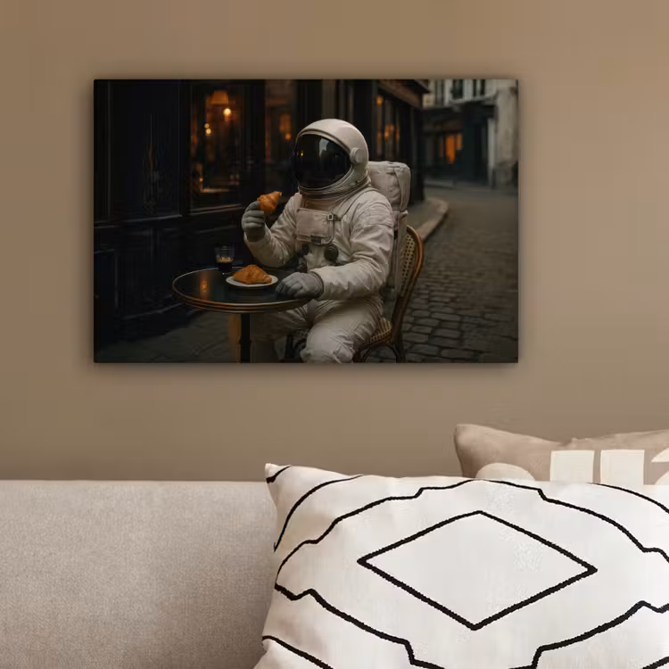 Café - Croissant - Koffie - Astronaut canvas 2cm klein -sfeer3